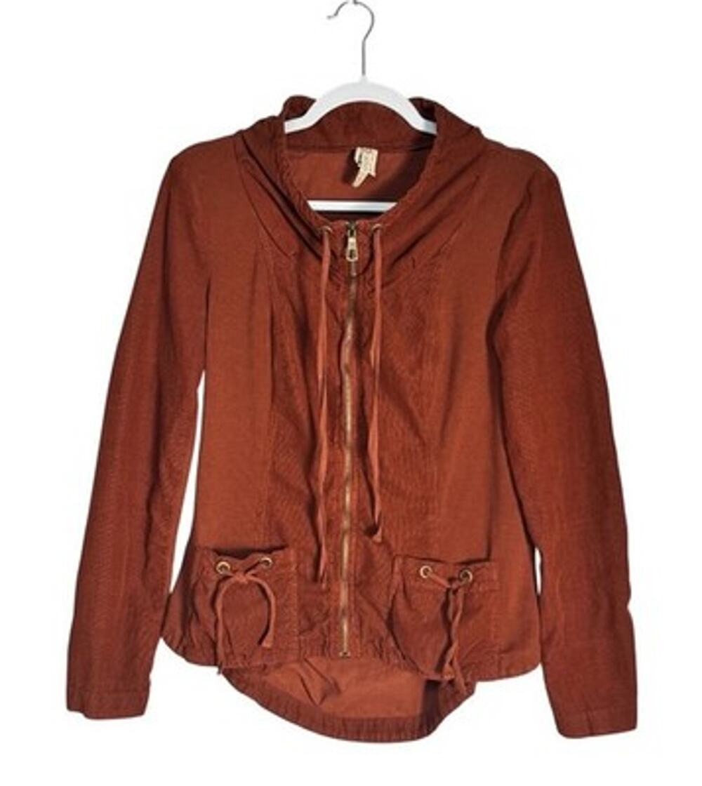 XCVI Womens Burnt Orange Zip Up Jacket Ruched Drawstring Boho Fall Artsy Size S